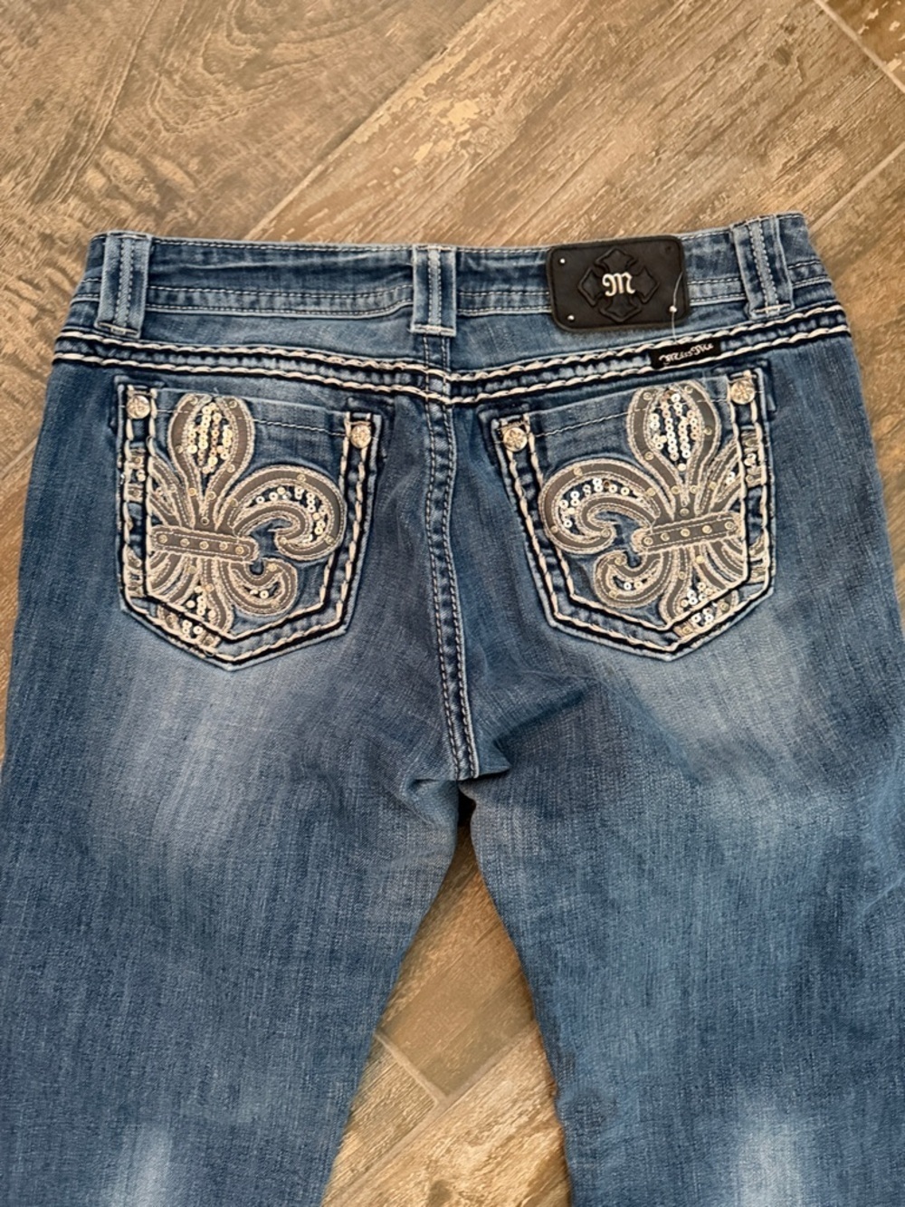 Miss Me Medium Blue Bootcut Jeans with Fleur-de-Lis Embroidery